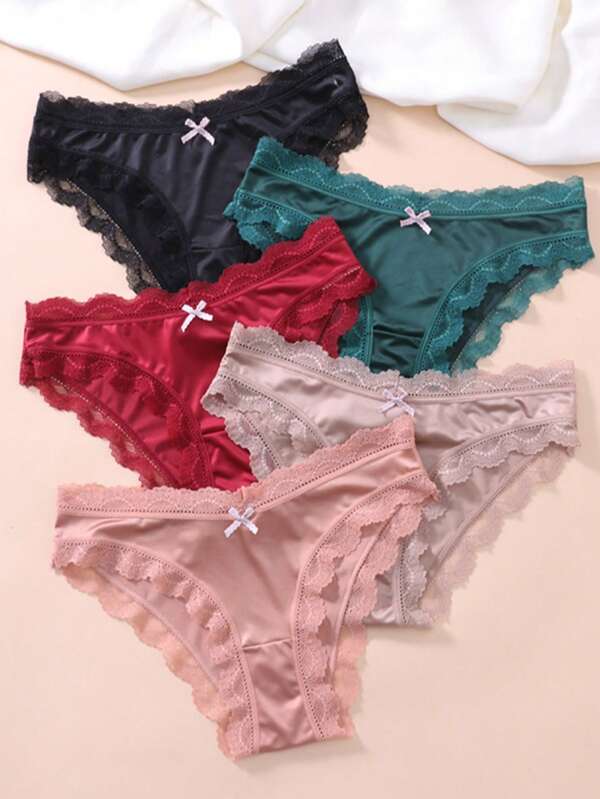5pcs Set Women's Retro Elegant Lace Trim Bow Design Panties