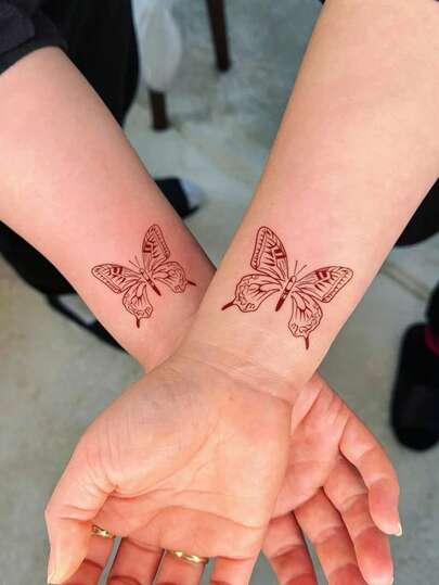 4pcs Red Butterfly, Lotus, Rose, Peach Blossom Pattern Temporary Tattoos For Men & Women, Daily, Party, Holiday Gift, Body Decoration For Finger, Wrist, Ear, Shoulder, Neck, Collarbone