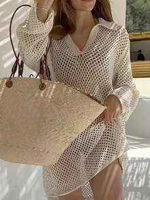 海滩度假欧美休闲宽松大码女套头毛衣，镂空半透明长袖，大码翻领针织上衣