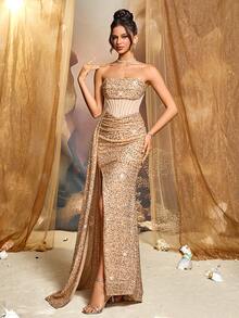 CHOSMO Váy dạ hội xẻ tà đính cườm màu trơn bóng kiểu mới dành cho nữ, thích hợp cho đám cưới, tiệc tùng, sinh nhật, kỷ niệm, tốt nghiệp, lễ hội âm nhạc, ngày lễ, tiệc cocktail, bữa tối trang trọng, chụp ảnh, dạ hội, du lịch, biểu diễn sân khấu và hòa nhạc - Rượu sâm banh - Xem 6