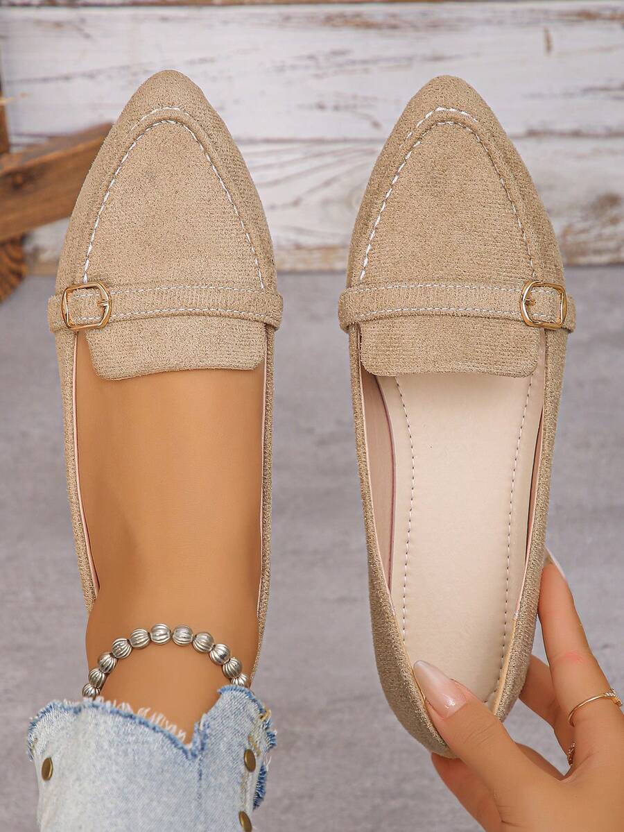 Women's Solid Color Fashion Metal Decor Pointed Toe Slip-On Flat Loafers, Casual Elegant Style, Slip-On Soft Bottom Khaki Color Flats For Daily Wear, Commute, Office In Autumn