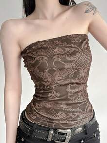 Vintage Printed Tube Tops For Women Fashion Streetwear Sleeveless Backless Vest Gothic 2000s Camisole Grunge Fairycore - Brown - View 2