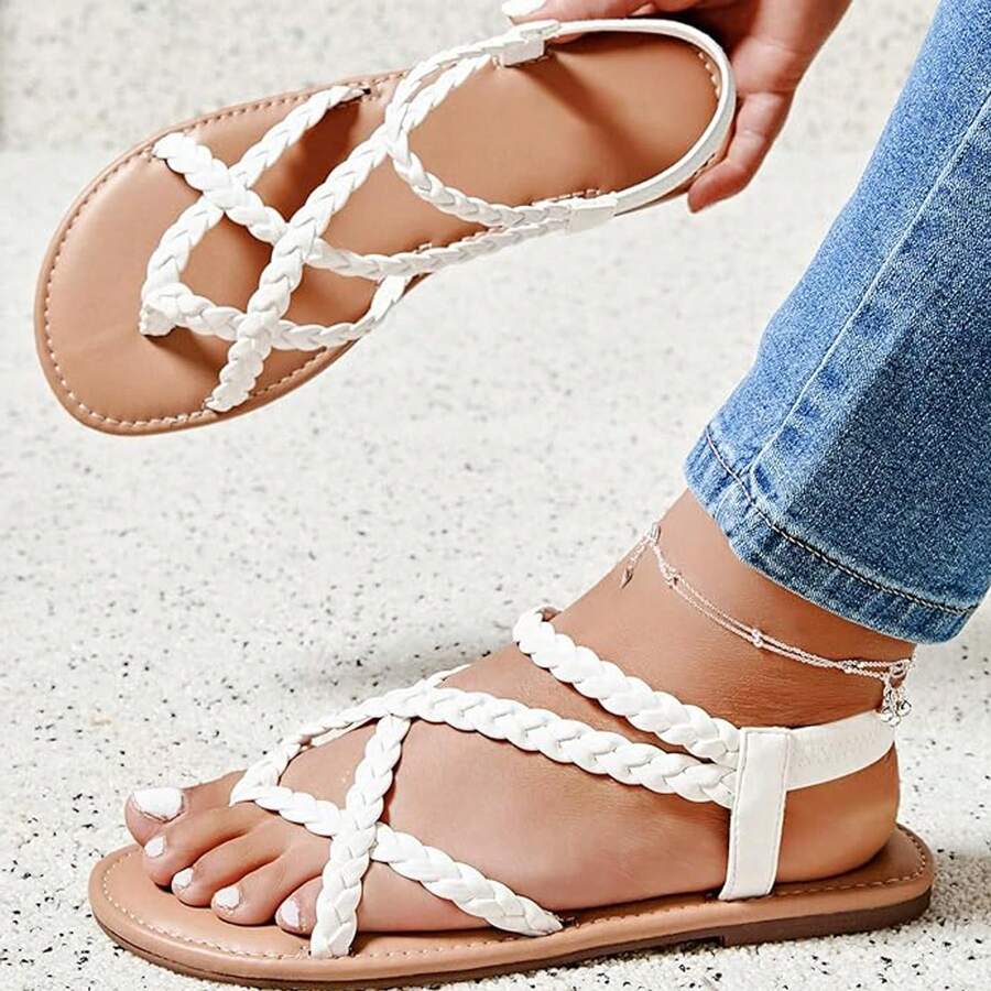 Women's Wide Width Flat Sandals, Flip Flop Casual Slip On Strappy Sandals Summer Beach Shoes For Women. - 白色 - 查看 1