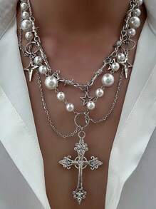 2pcs/Set Fashionable Minimalist Elegant Star Tassel Chain Cross Men Necklace Set, Ideal Gifts For Men, Friends And Families