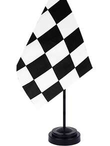 2 件黑白格子赛车旗赛车豪华桌旗套装 - 迷你小型赛车桌办公室旗帜，带黑色 12 英寸实心杆支架底座装饰，由聚酯纤维制成