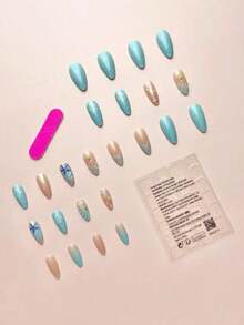 24Pcs/Set Almond Shaped French Manicure 3D Floral Water-Drop Gradient Elegant Reusable Press-On Nails With 1Pc Jelly Gel And 1Pc Nail File, Adding A Romantic Touch For Daily Wear And Dates Nail Supplies Nails - 彩色 - 查看 3