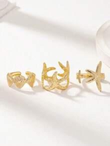 3 Pcs Summer Vocation Beach Sea Star Starfish Design Golden Color Rings Set For Women