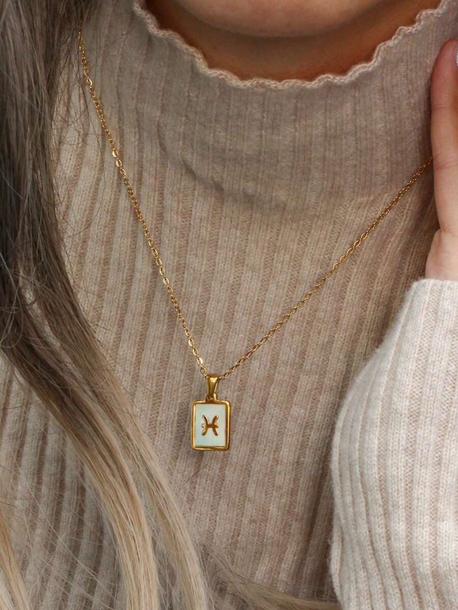 TONSI 1pc Stainless Steel Square Seashell Zodiac Pendant Necklace, Versatile Design Suitable For Women - Yellow Gold - View 1