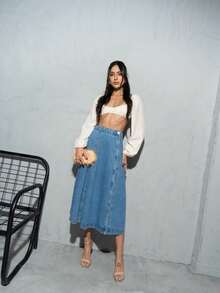 Women's A-Line Midi Denim Skirt, Stylish Winter Look - 中等水洗藍 - 查看 1