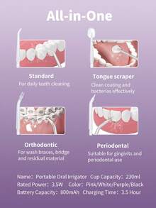 Oral Irrigator Portable Water Flosser Rechargeable 3 Modes Cordless Dental Water Jet For Cleaning Teeth Suitable For Travel And Home Purple