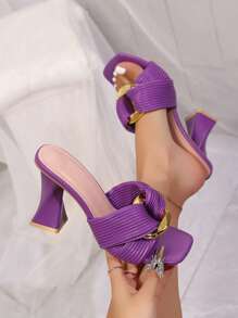 [Sandales élégantes] Sandales à talons hauts de 8 cm élégantes pour dames en noir, violet et or à gros talon Bout carré, dessus et semelle en caoutchouc, motif géométrique, convient pour les fêtes et événements d'été