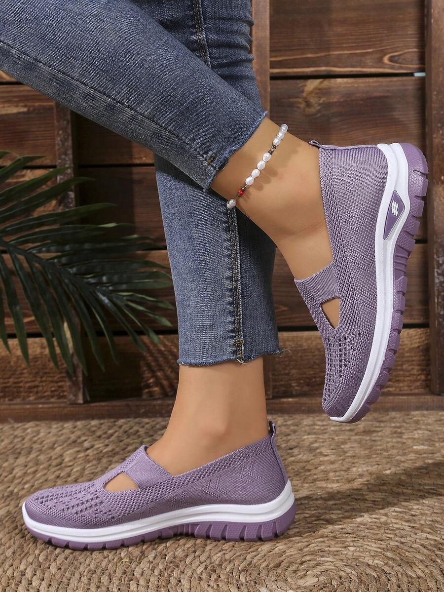 Knitted Hollow Out Slip-On Women Shoes, Breathable Comfortable Soft Bottom Casual Shoes, Multi-Color Versatile Slouchy Walking Shoes, Slightly Oversized Mother Shoes