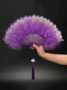 1pc Women Retro Feather Lace Folding Fan, Classical Dance Cheongsam Prop, Stage Performance Hand Held Fan For Costume Party