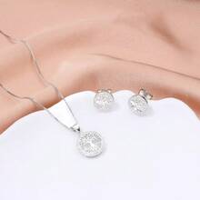 Delicate Round Platinum Necklace And Earrings Set Tree Of Life Zirconia Studded 18k Gold Plated 925 Silver - 銀色 - 查看 8