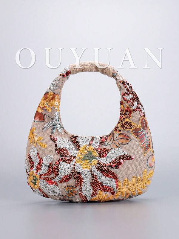 Nieuwe geborduurde damestas met pailletten in de vorm van een halve maan, modieuze handtas met paillettenbloemen, eenvoudige, modieuze clutch met pailletten, glitterdinertas, geschikt voor feesten, bruiloften, cadeaus, cruises, dates en vakanties. (Willekeurig patroon)