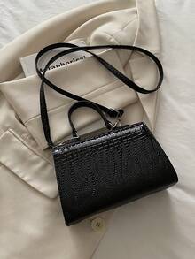 时尚简约鳄鱼纹PU压痕五金锁扣装饰翻盖手提包，多功能女士斜挎包。适合逛街、拎包、购物、年轻女性、大学生、新人、白领。非常适合办公室、大学、工作、商务、通勤、户外活动、旅行和短途旅行。