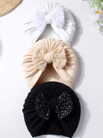 Juego de 3 gorros de felpa con malla y lazo, adecuados para uso diario, para niños de 0 a 2 años