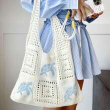 Women's Summer Beach Tote Bag - Crochet Design With Sea Turtle Pattern, Large Capacity Open Top Handbag, Durable Polyester In Beige For Casual Outings & Coastal Vacations, Beach Bag Tote, Travel Accessory, Boho Chic, Woven Texture, Spacious Handbag, Vacation Essentials