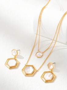 1set Elegant Hexagon Mother-Of-Pearl Necklace & Earrings Jewelry Set, Perfect For Parties And Daily Wear