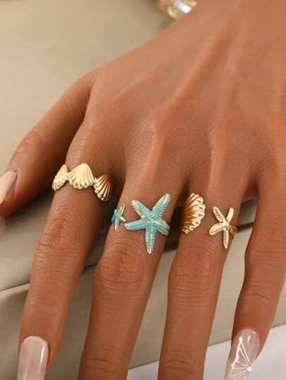 Ocean Themed Blue Starfish & Shell Open Ring Set