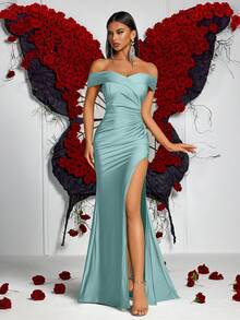 ADYCE 露肩开衩高开衩侧边褶皱鱼尾裙摆鸡尾酒会礼服，优雅适合晚宴、婚礼宾客、毕业典礼、正式晚宴等场合（女士） - 綠色 - 查看 5