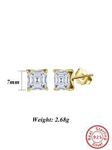 1pair Graceful 925 Sterling Silver Stud Earrings With Dazzling Square-Cut Zirconia, Accessory For Ear Elegant And Refined Jewelry For Every Fashion-Forward Woman, The Perfect Gift For Birthdays Or Anniversaries