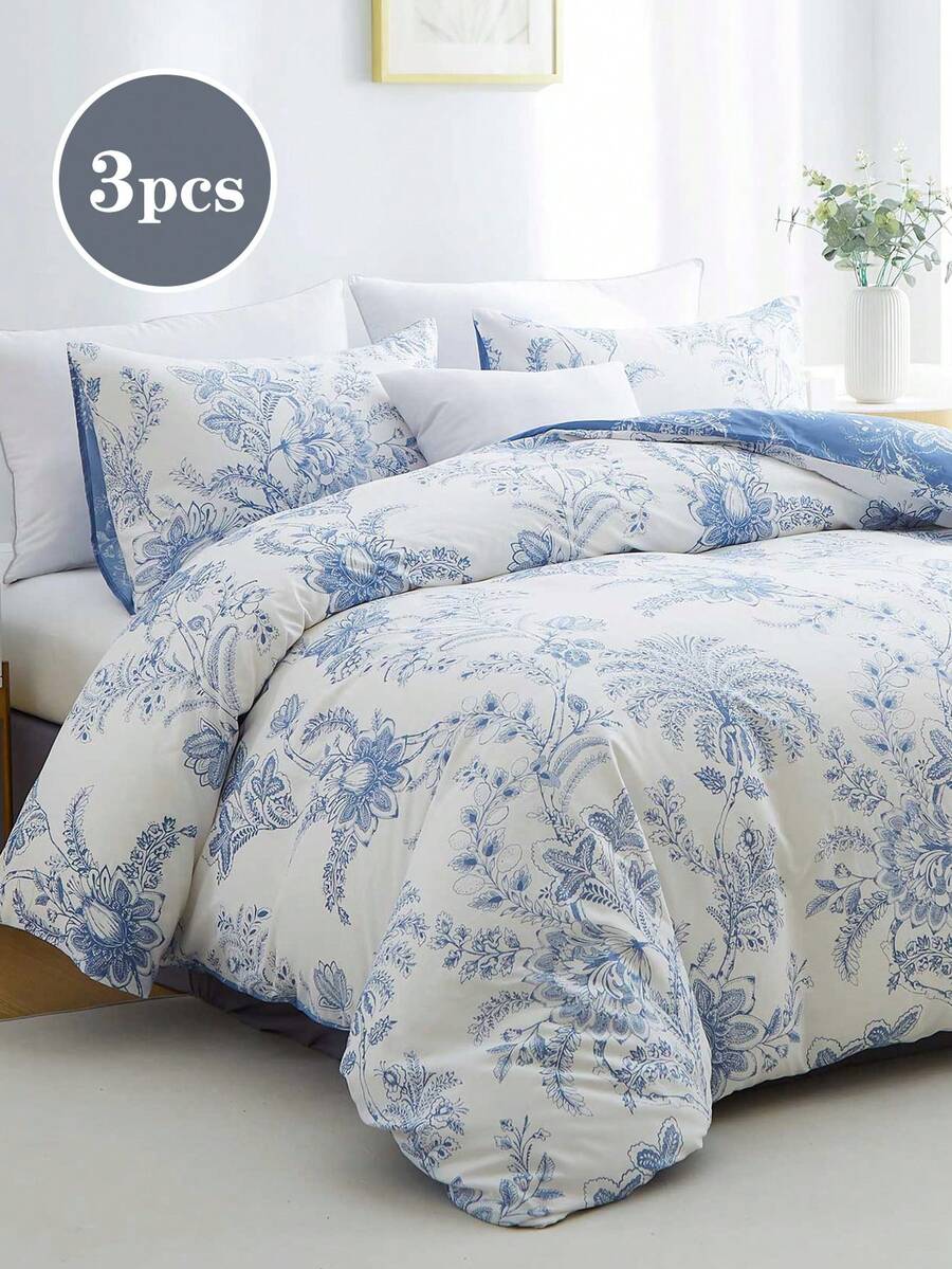 3pcsFloral Duvet Cover Set, Bedding, Super Soft And Skin-Friendly Duvet Cover, Washed Duvet Cover, Floral Printed Pattern Comforter Set And Pillow Case, Quilt Core Not Included, Fits For Twin Full King Queen All Size Beds, Suitable For All Seasons, Home Decoration, Bedding Gifts, Machine Washable,TwinFullQueenKing