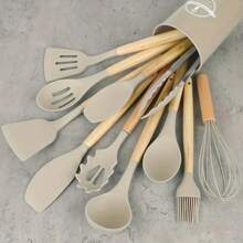 [12pcs Silicone Utensil Set] 12pcs Non-Stick Silicone Kitchen Utensil Set With Wooden Handles | And Easy To Clean | Perfect For Cooking And Baking, Back To School And Dorm Essentials
