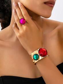 2 Stücke modischer Schmuckset mit mehrfarbigem Kreissteinbesatz und Strass, bestehend aus Armband und Ring für Frauen, elegantes charmantes Accessoire für Sommerfeste, Dates, Alltag und Zusammenkünfte