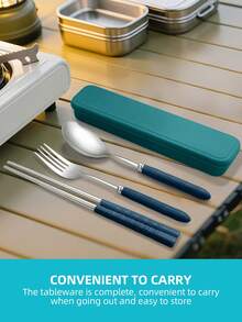 4pcs Portable Stainless Steel Travel Tableware Set With Storage Case, Portable Spoon Fork Chopsticks Kit, Camping Flatware Set,Easy To Carry And Store, Dishwasher, For Outdoor Camping, Picnic, Office School Daily Dining,Back-To-School - - - View 6