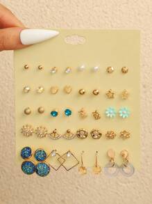 20 Pares/Conjunto Moda Coração, Letra, Flor, Strass, Brincos de Pérola Falsa de Metal Estrela, Conjunto de Joias Elegante e Fofo Assorted para Presente de Mulheres