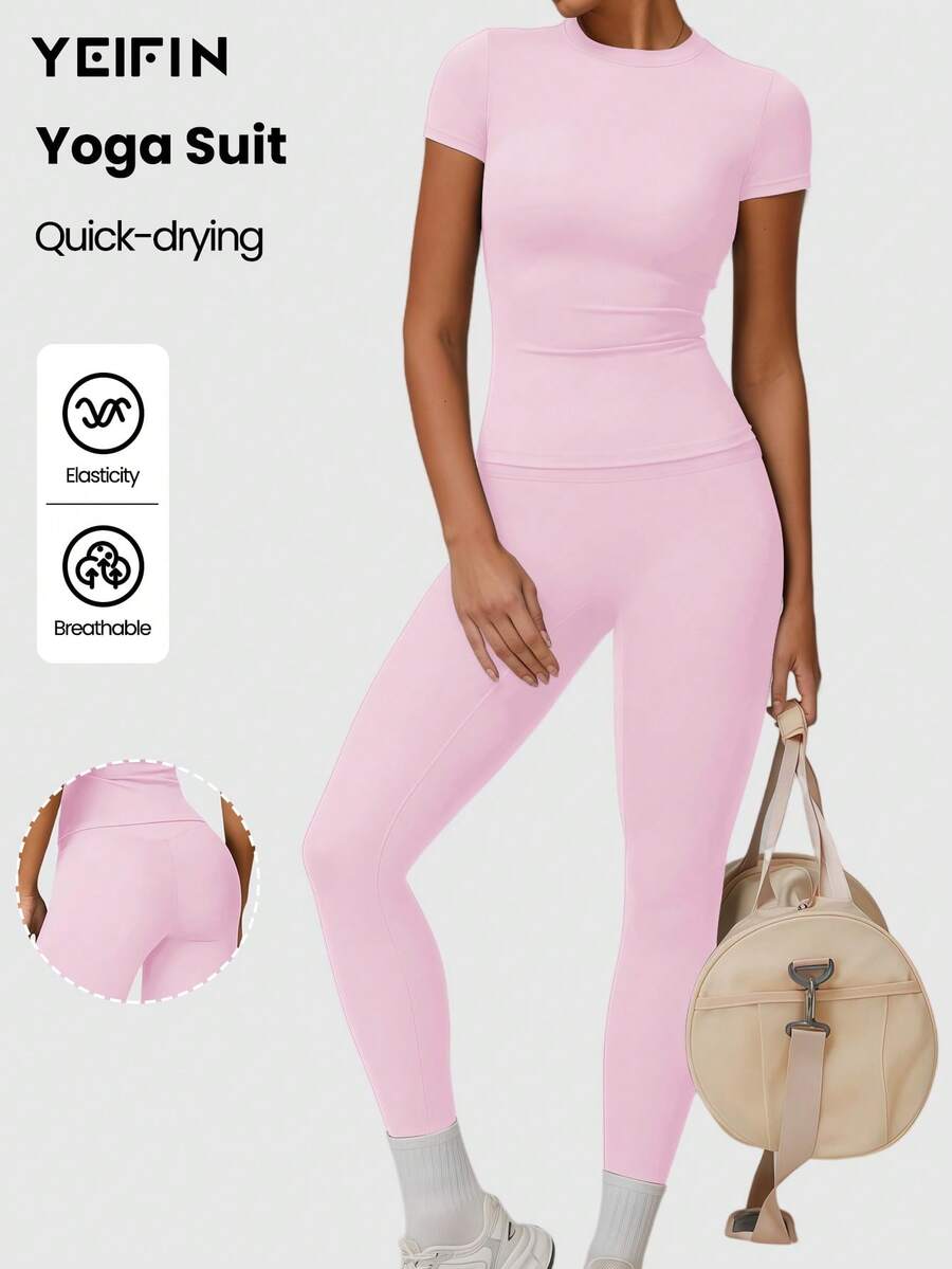 YEIFIN Ensemble de survêtement 2/4 Count pour femme, t-shirt uni à col rond et legging taille haute, t-shirt sportif et confortable, pantalon slim pour le yoga, la gym, les vêtements de sport d'été pour la rentrée scolaire, survêtements pour femme, tenue Downtown Girl, style printemps-été - Rose pâle - Voir 1