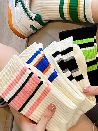 1/3/5/7/10 双条纹图案女士中性情侣运动袜中筒袜春夏节日礼物，秋季袜子