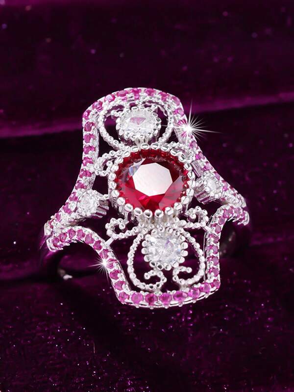 1 pezzo Anello in argento sterling 925 da donna, vintage elegante di alta qualità e lussuoso, con design asimmetrico e rotondo cavo e brillante, adatto per abbinare i look quotidiani, come regalo di compleanno o di laurea, gioiello di lusso