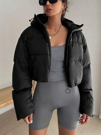 Women Short Padded Coat, Fashion Hooded Padded Coat, Casual Zipper Fluffy Hooded Padded Coat, Autumn/Winter Outerwear