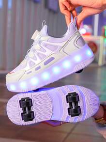 Zapatos de patines de ruedas para niños, zapatos de patinaje sobre ruedas para adolescentes, zapatos de patines de ruedas de cuero PU de doble rueda de 4 ruedas, zapatos con luces LED que se iluminan todo el año con carga USB, ruedas desmontables, patines de ruedas y patines de hielo 2 en 1