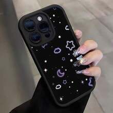 Funda para teléfono 1PC X/XS XSMAX 11 12 13 14 15 16 12MINI 13MINI 16E S22 S23 S24 S25 Luna púrpura y patrón retro Gota Funda para teléfono inteligente de silicona suave a prueba de golpes - Negro - Ver 5