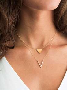 1 Pcs Vintage Elegant Gold & Silver Geometric Asymmetrical Triangle Layered Pendant Necklace Jewelry
