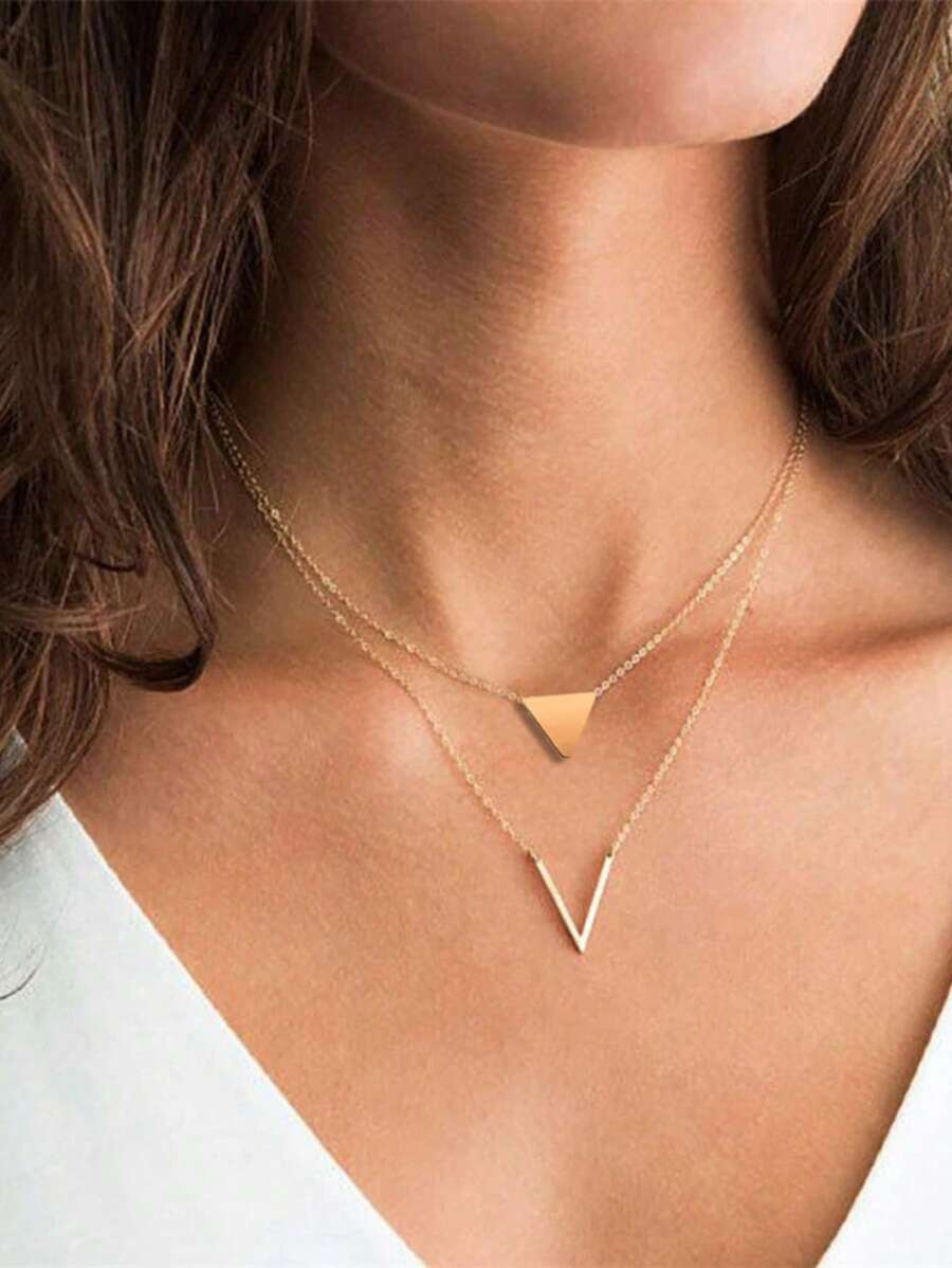 1 Pcs Vintage Elegant Gold & Silver Geometric Asymmetrical Triangle Layered Pendant Necklace Jewelry