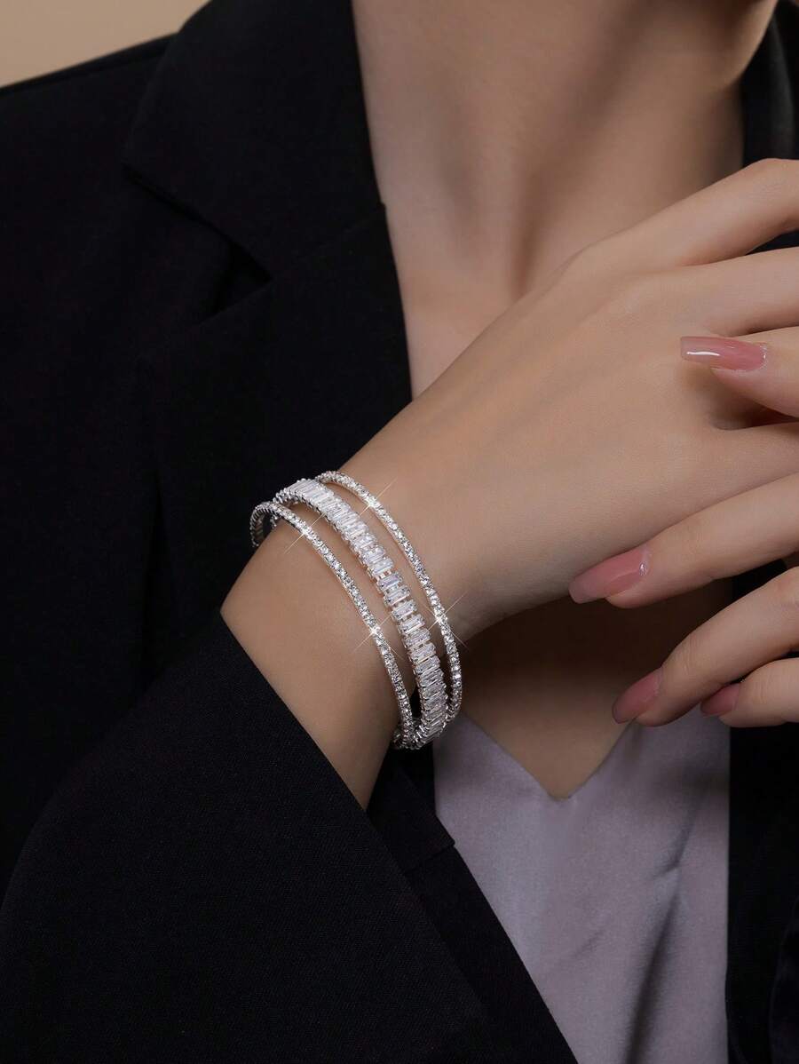 1pc Fashionable Elegant Multi-Layer Zirconia Open Cuff Bracelet