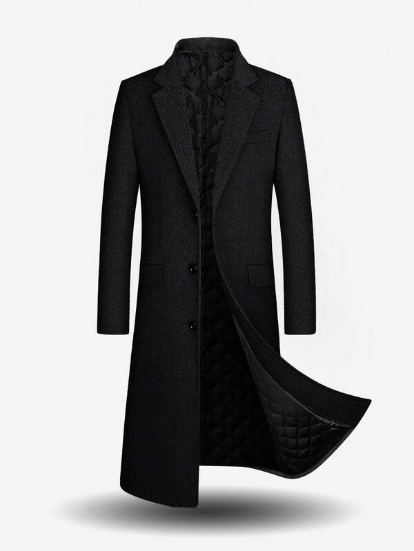 Men's Solid Color Simple Mid-Length Overcoat, Fashion Business Lapel Collar Long Thermal Commuter Overcoat, Warm Winter, Fall