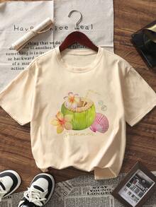 تي شيرت قصير الأكمام بطبعة جوز الهند بياقة مستديرة، موضة وتنوع للنساء