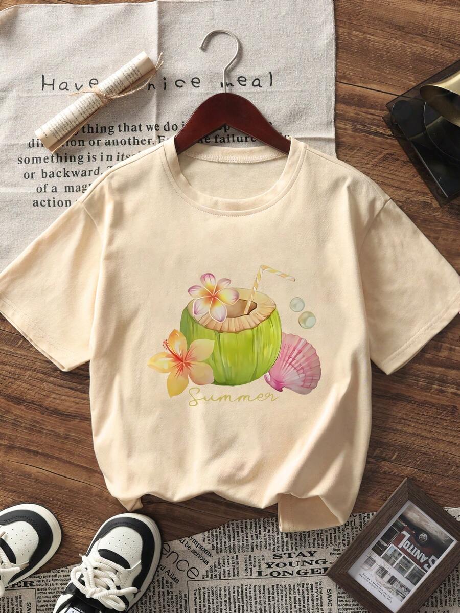 تي شيرت قصير الأكمام بطبعة جوز الهند بياقة مستديرة، موضة وتنوع للنساء