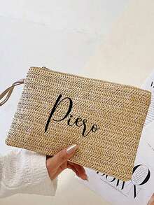 女士个性化手拿包，可定制姓名，个性化草编钱包，草编钱包，女士拉链手提包 - 优雅条纹卡其色手机袋，生日、周年纪念日、母亲节和感恩节的完美礼物