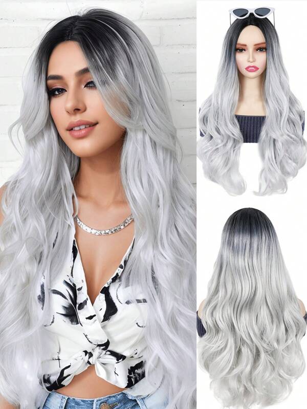 26 Inch Ombre Gray Wig Long Curly Wavy Wig With Dark Roots Middle Part Cosplay Wig Synthetic Heat Resistant Wigs For Daily Party ,Halloween, Cosplay,Christmas, Parties, Etc.