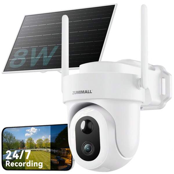 ZUMIMALL ZUMIMALL APP AOV Security Camera, 24H Continuous Recording Security Cameras Wireless Outdoor, 2.4GHz WiFi, 2K Solar-Powered Cameras For Home Security, 360° PTZ, Auto Tracking, 512G Local Storage(Not Include)