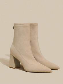 2025 New Nude Suede Pointed Toe High Heel Ankle Boots For Women, Thick Heel Elastic Slim Boots For Autumn/Winter - Brown - View 1