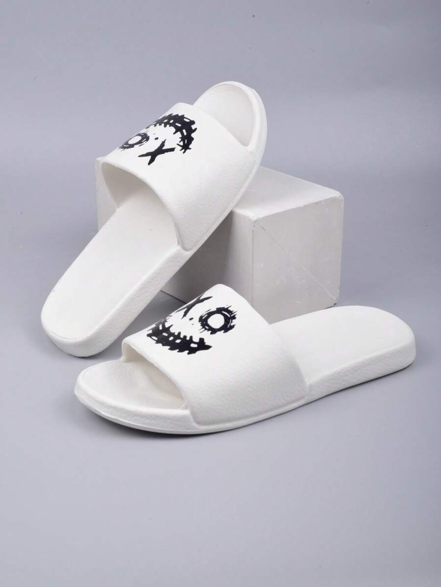 Men's Spring/Summer EVA Lightweight Strap Slide Sandals With Cartoon Print, Soft & Comfortable, Suitable For Indoor, Outdoor, Beach, Shower - White - View 1