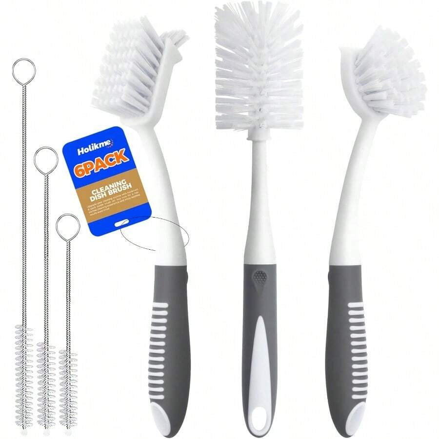 Holikme 6 Pack Dish Brush Set With Bottle Brush Dish Scrub Brush Pan Brush And 3 Straw Brushes Deep Cleaning Handle Brush With Scraper Tip For Kitchen Sink Dishes Bottle Cup Pot And Pans GrayCQC - Gray - 查看 1