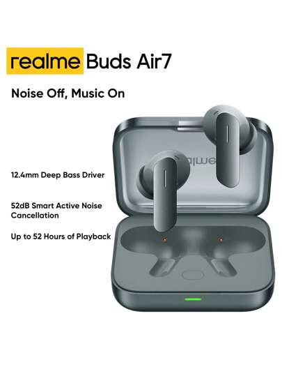 Realme Buds Air 7 True Wireless Earphones, 12.4mm Mega Titanium Bass Driver, 52dB Intelligent ANC, Hi-Res & LHDC 5.0 Audio, Up To 52 Hours Autonomy, 360° Space Sound
